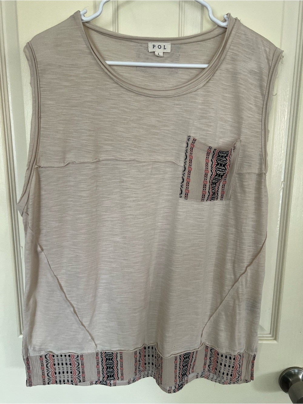 POL Large Beige Boho Tribal Contrast Sleeveless Tunic Tank Top